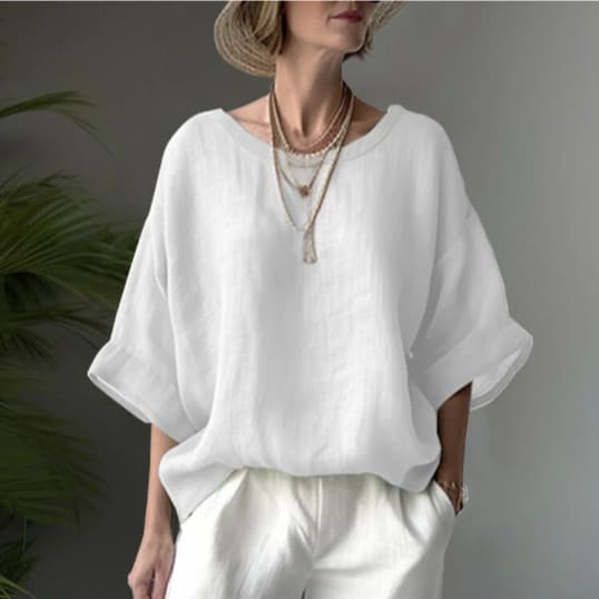 Women's Clothing Solid color comfortable casual round neck cotton linen shoulder loose slimming women's plus-size shirt