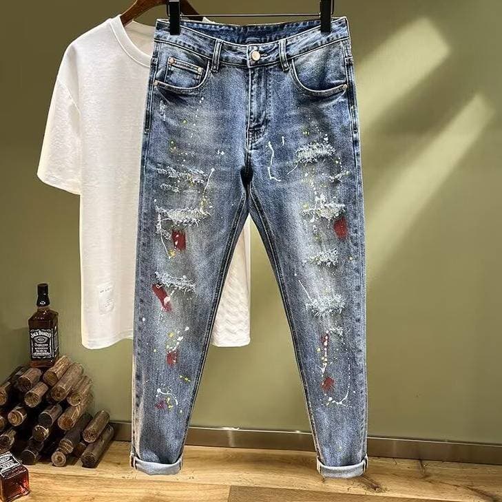 Distressed Patchwork Slim-Fit Jeans – Premium Streetwear Denim With Artistic Splatter & Paint Details (Sizes 28-36)