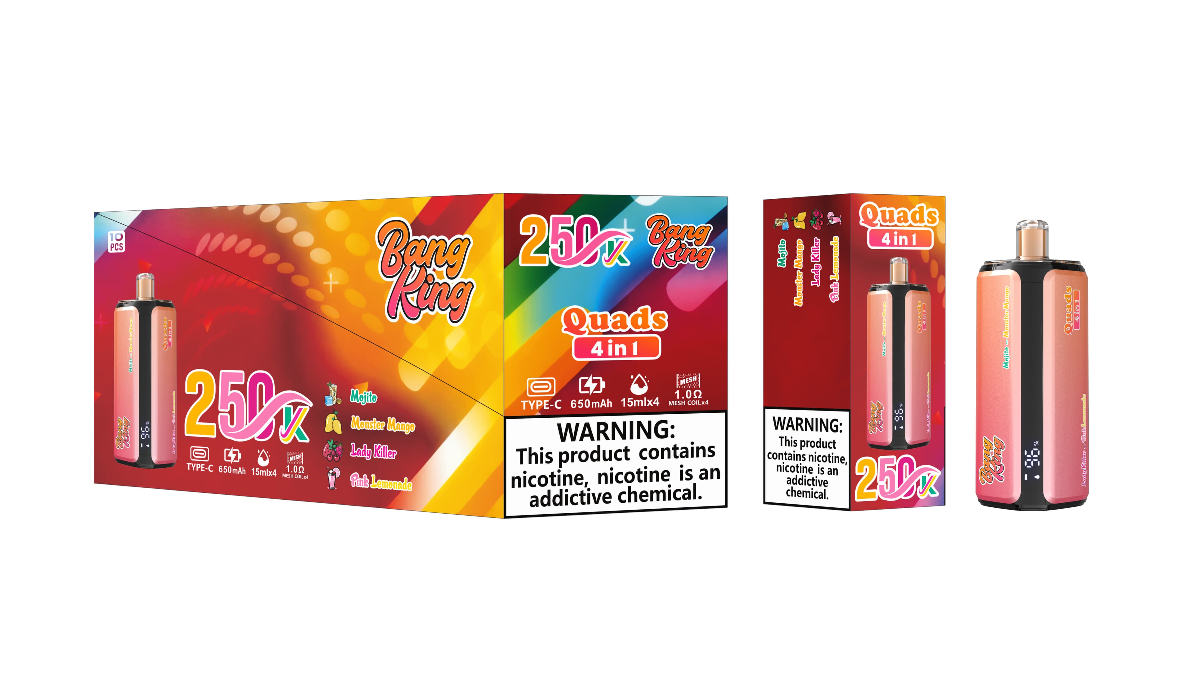 Cigarette électronique jetable Bang King de haute qualité, 250 000 bouffées, écran intelligent, 4 saveurs en 1, prix abordable.