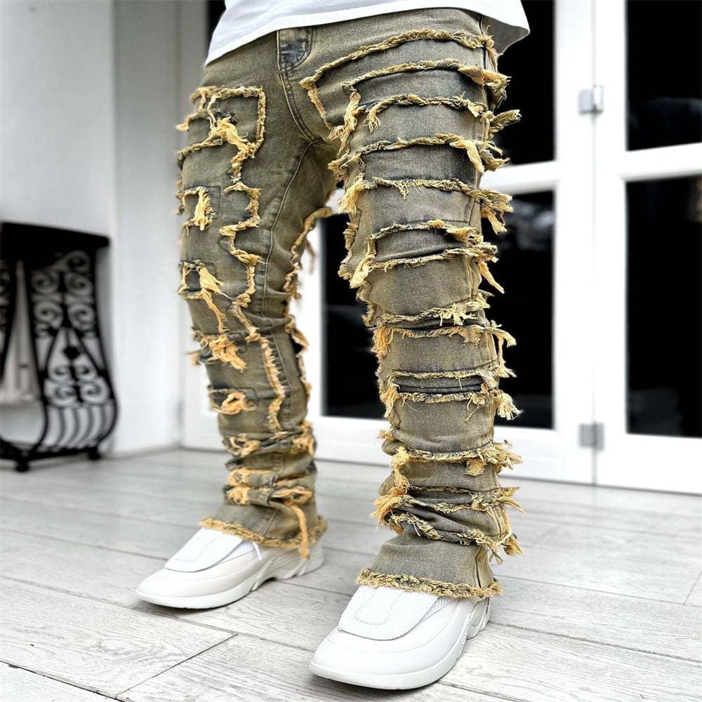 Spring 2025 European-Amecian Fashion Vintage Jeans Men's Cotton Mid Waist Elastic Patch Brushed Denim Straight Leg Pants