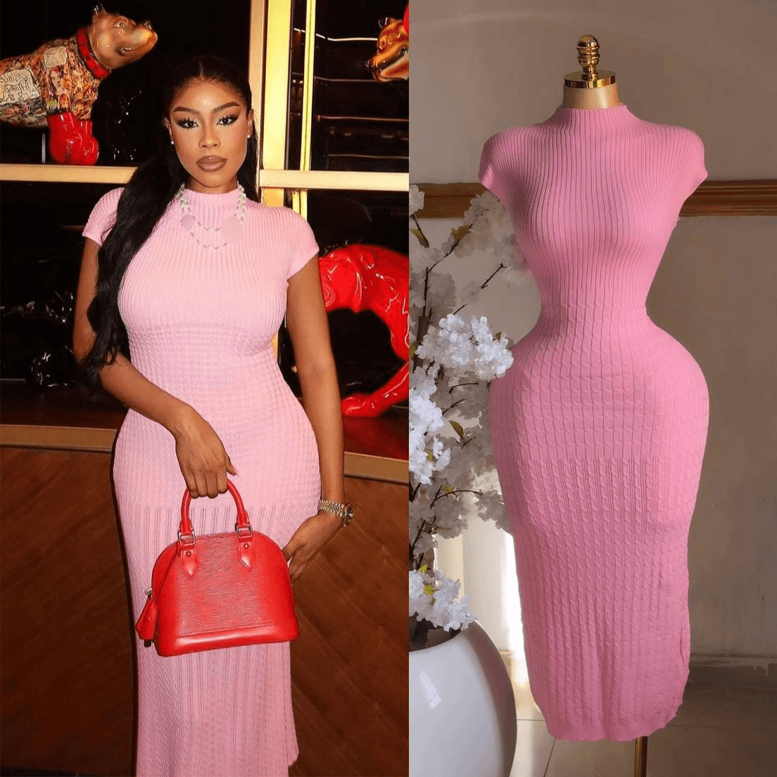 Women's Clothing Bag Set Square Collar Short Sleeve High Waist A Line Puffy Skirt Dress