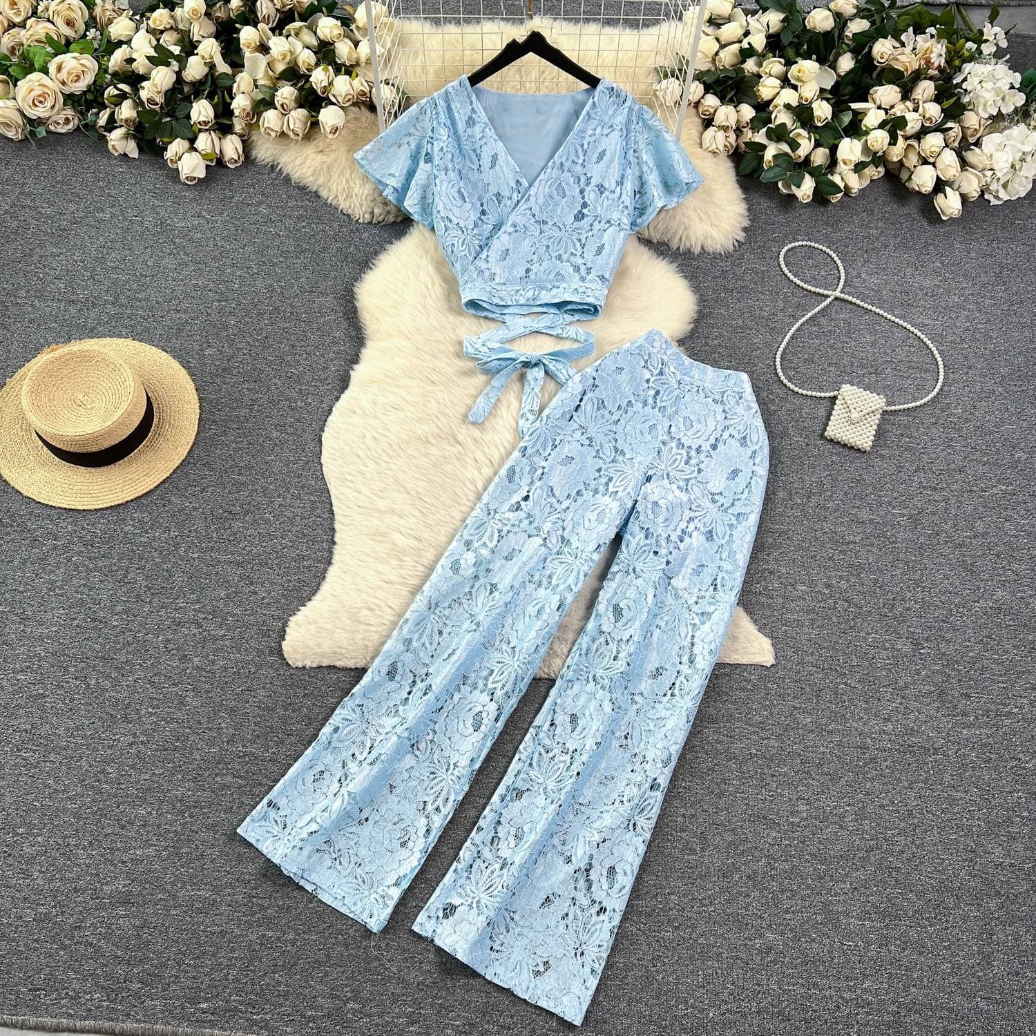 Women's Clothing style suit with lace embroidery, hollow V-neck waist-tied short shirt top + wide-leg slim trousers