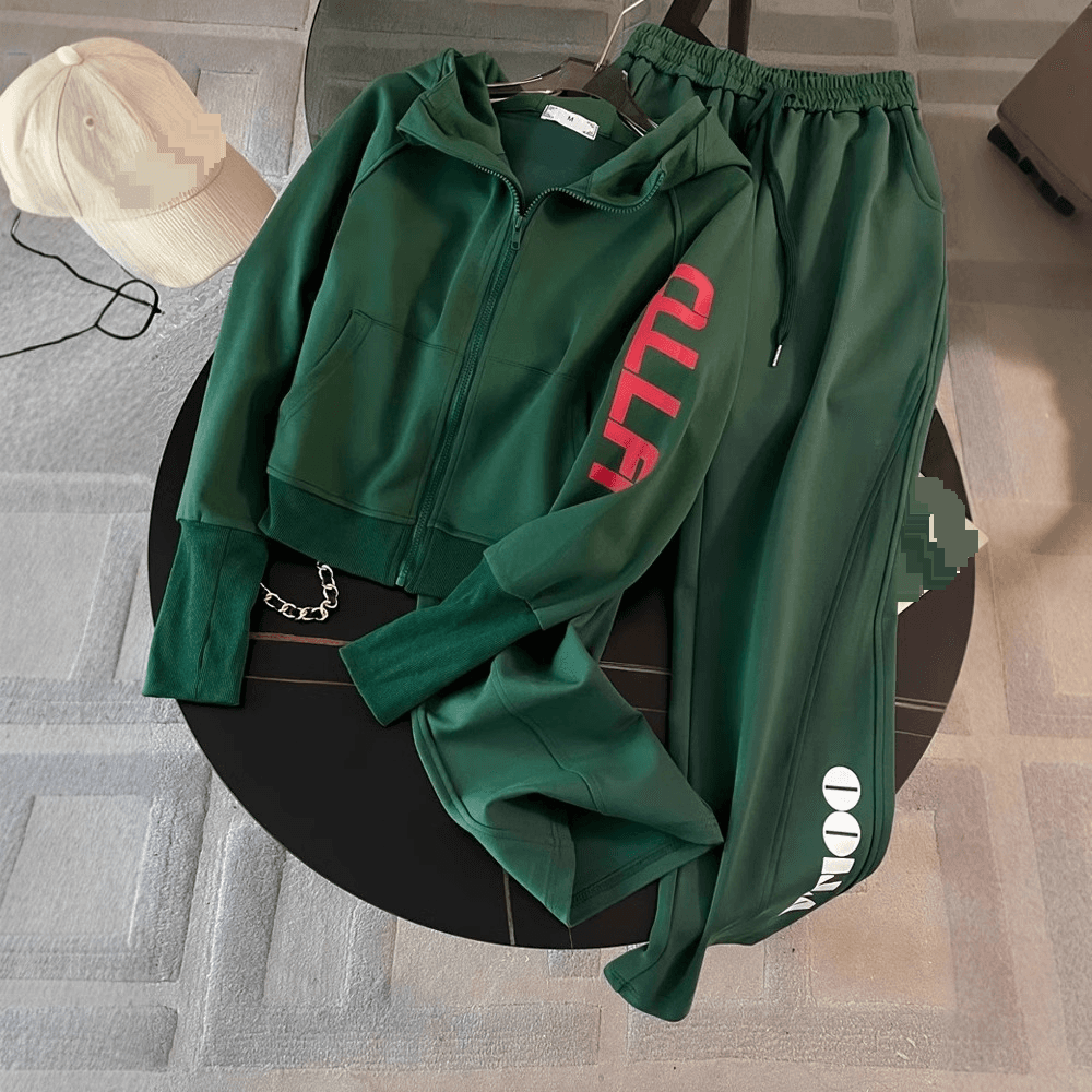 Women's Clothing goods high grade green casual sports suit for women autumn loose hooded sweatshirt wide leg pants two piece suit