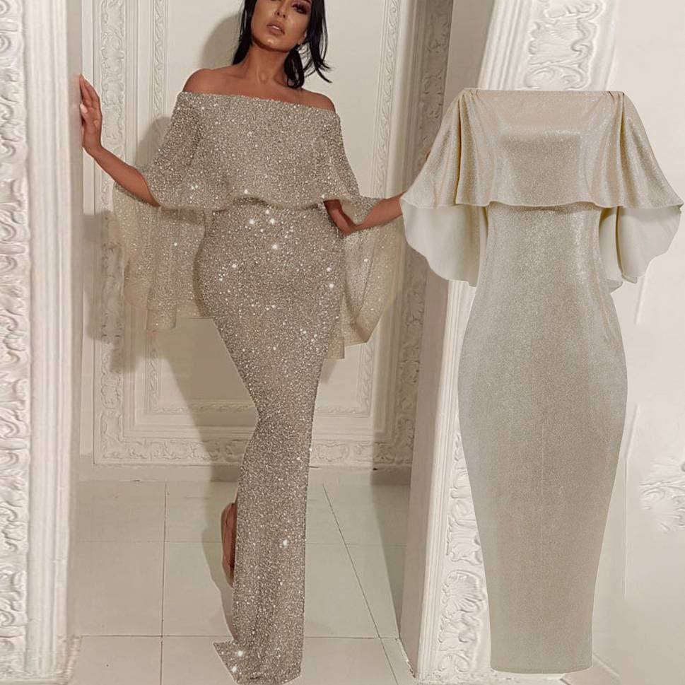 Women's Clothing Ruffled Chest Wrap One Shoulder Dress Sequined Slit Hip Evening Dress