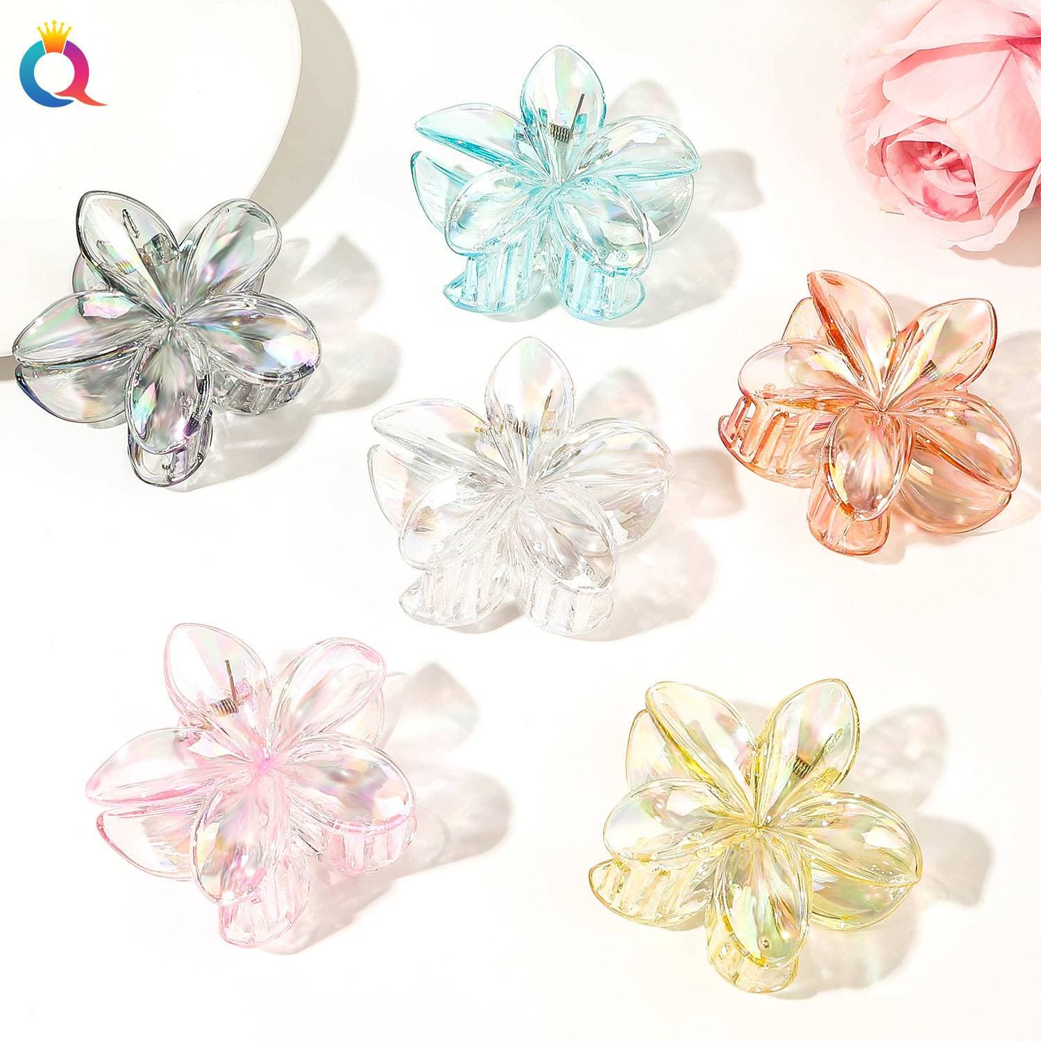 Flower Hair Clip Set Transparent AB Color Snap Claw Clip For Women Ombre Hair Claw With Rhinestones Elegant Hair Accessories