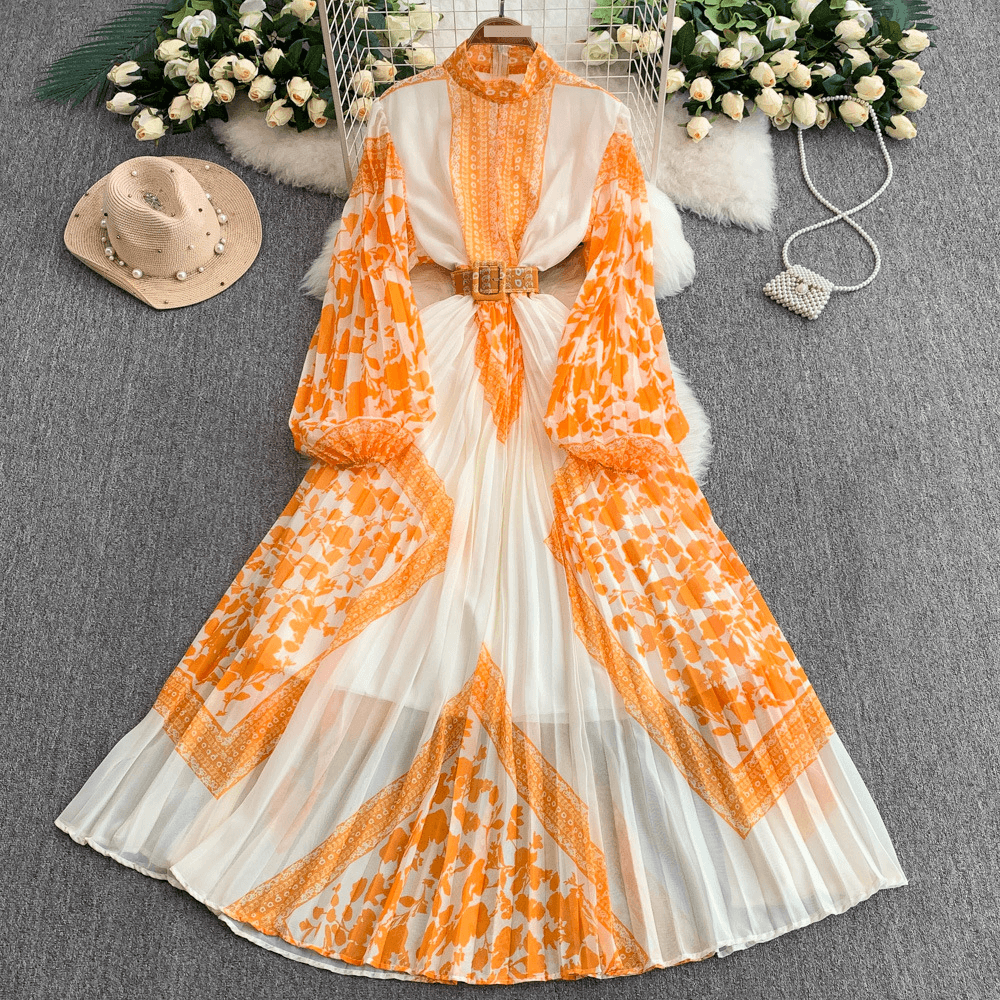 Women’s Clothing Retro Temperament Printed Stand Collar Lantern Sleeve Dress For Women Summer New Waist Slim Pleated Long Skirt