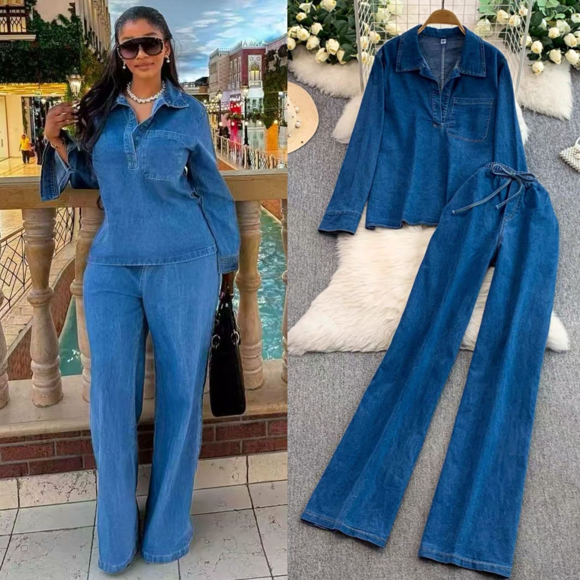 Relaxed Denim Top & Wide-Leg Pants Set | V-Neck Long Sleeve & Drawstring Waist | Comfortable Stretchy Fabric