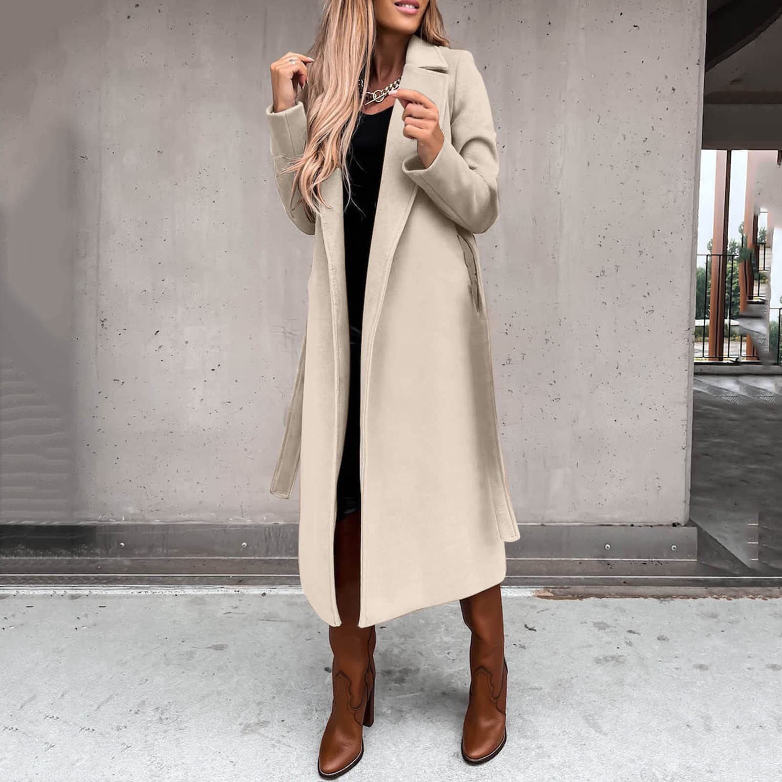 Elegant Long Sleeve Belted Wool Coat For Women – Timeless Trench Style With Notched Lapel, Versatile Pure Color Outerwear For Autumn & Winter