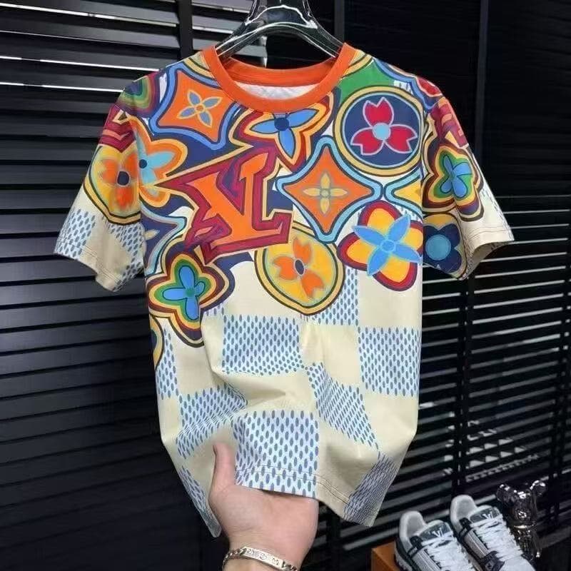 T-shirt tendance imprimé numériquement en 3D pour homme, motif floral monogramme coloré à carreaux, style streetwear décontracté