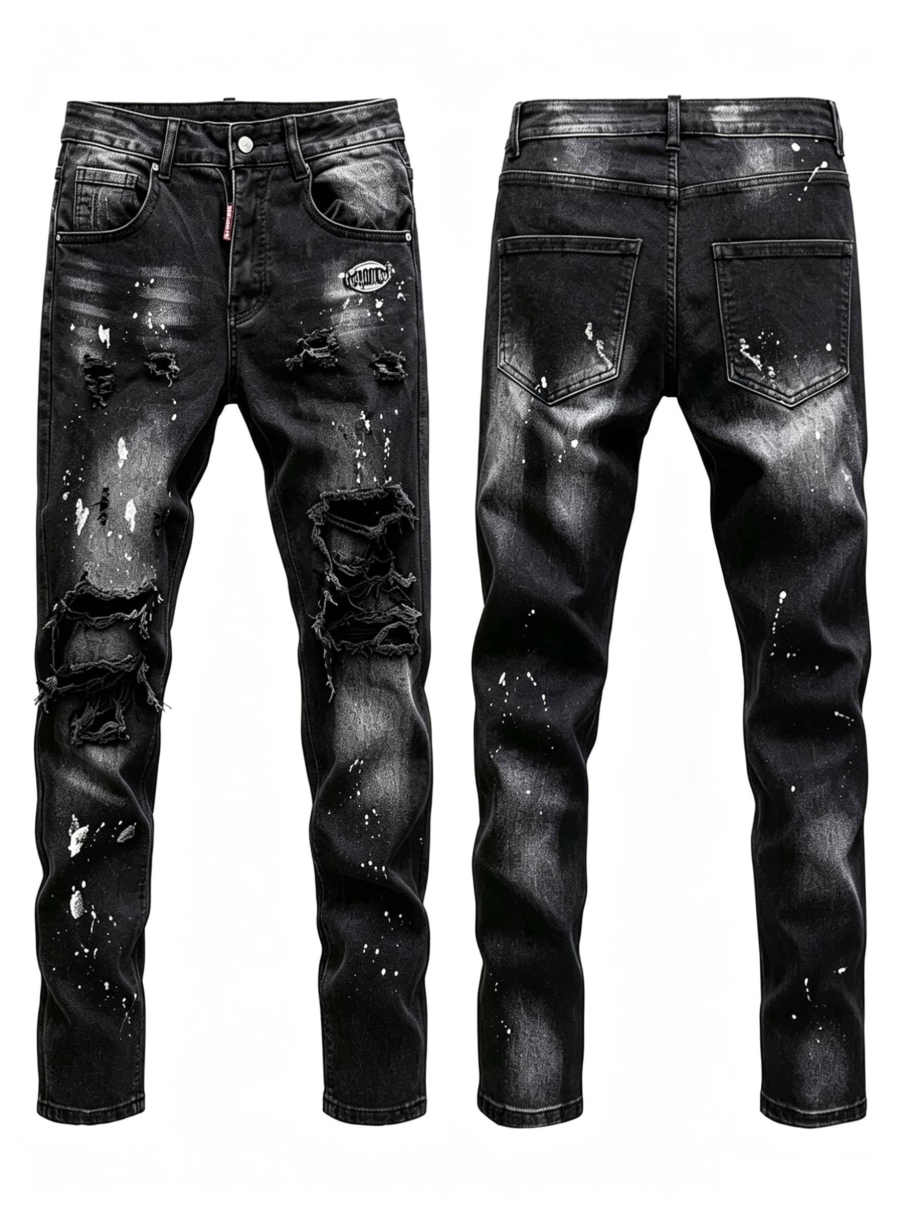 Jean slim noir et gris délavé pour homme – Pantalon en denim déchiré et délavé, confortable et extensible