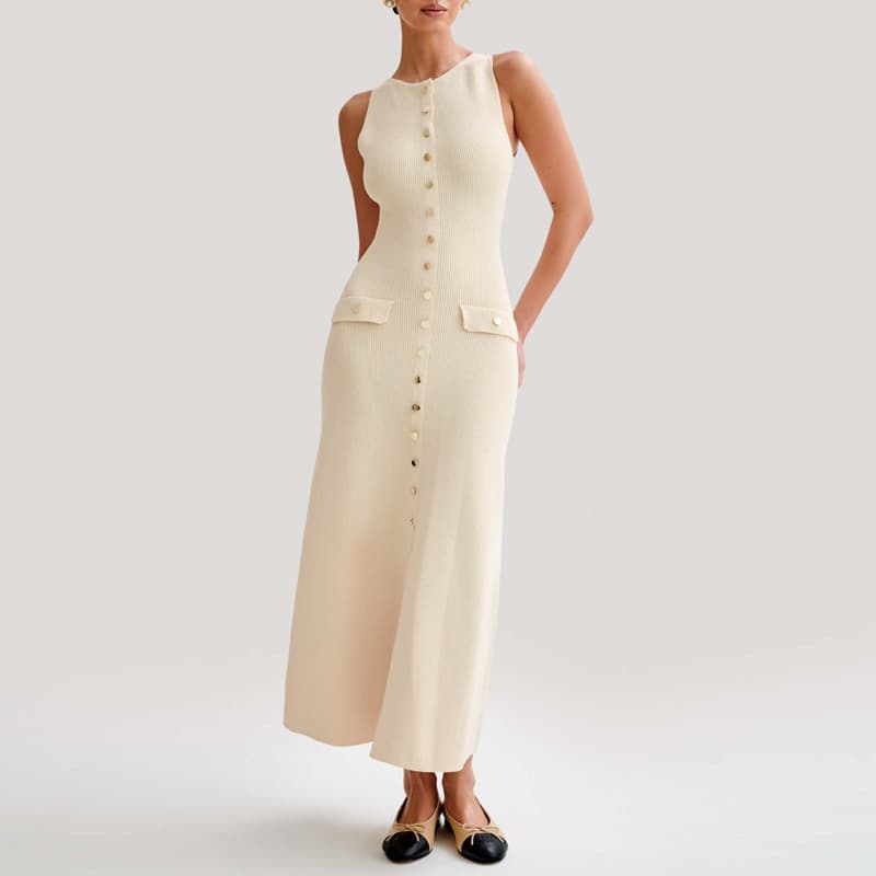 Long Skirt Round Neck Single Breasted Sleeveless Hip Skirt Tight Waist Slim Knitted Dress