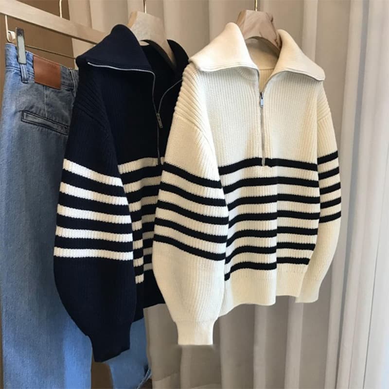 ​​"Half-Zip Collared Sweater For Women – Striped Pullover Knit Top (Relaxed Fit, Sheep Wool Blend, Black & White Contrast, One Size)"​​