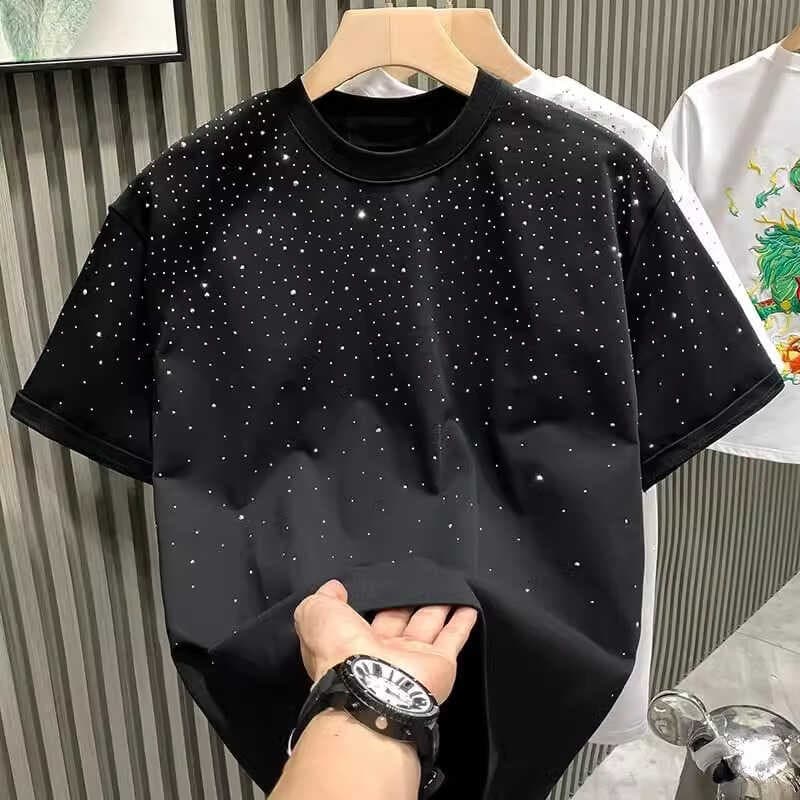 European Fashion Trendy Brand Light Luxury Men's Short Internet Celebrity Niche Hot Diamond High-end Round Neck Half