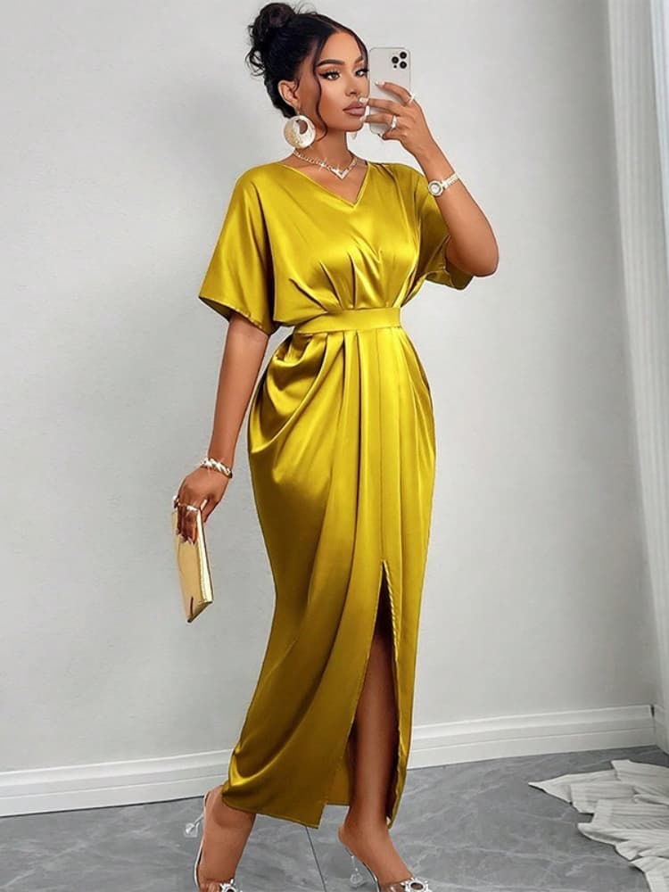 K Women's New Style Elegant V-neck Short Sleeved High Waisted One Step Slit Dress Long Skirt
