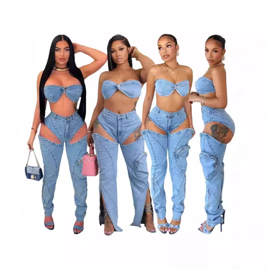 Women's Clothing Sexy Chest Wrap Backless Top Personality High Waist Split Zipper Jeans Two Piece Set