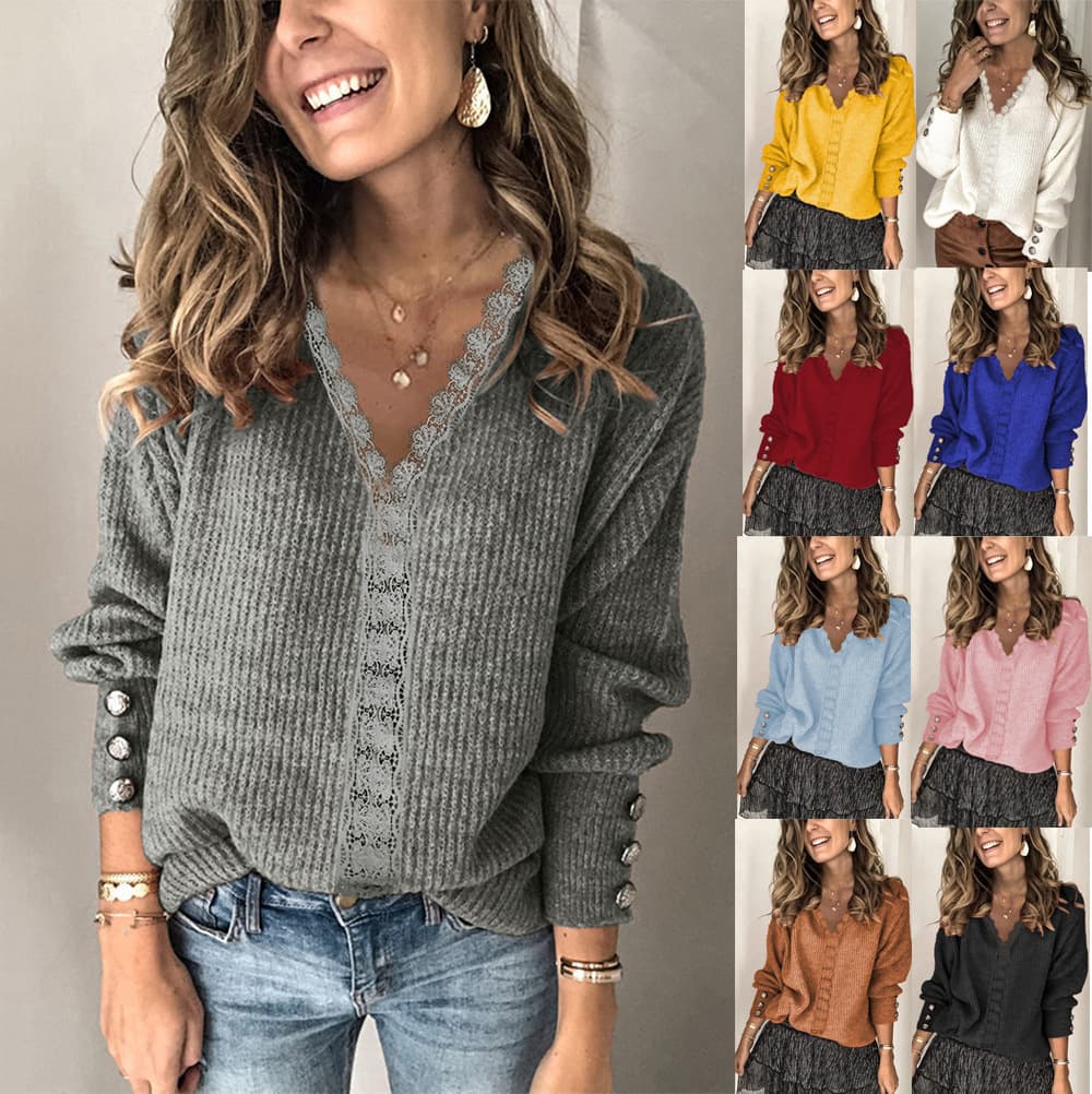 Women's Clothing Lace V-Neck Coat Head Sweater Women's Loose Long Sleeve Solid Color Sweater