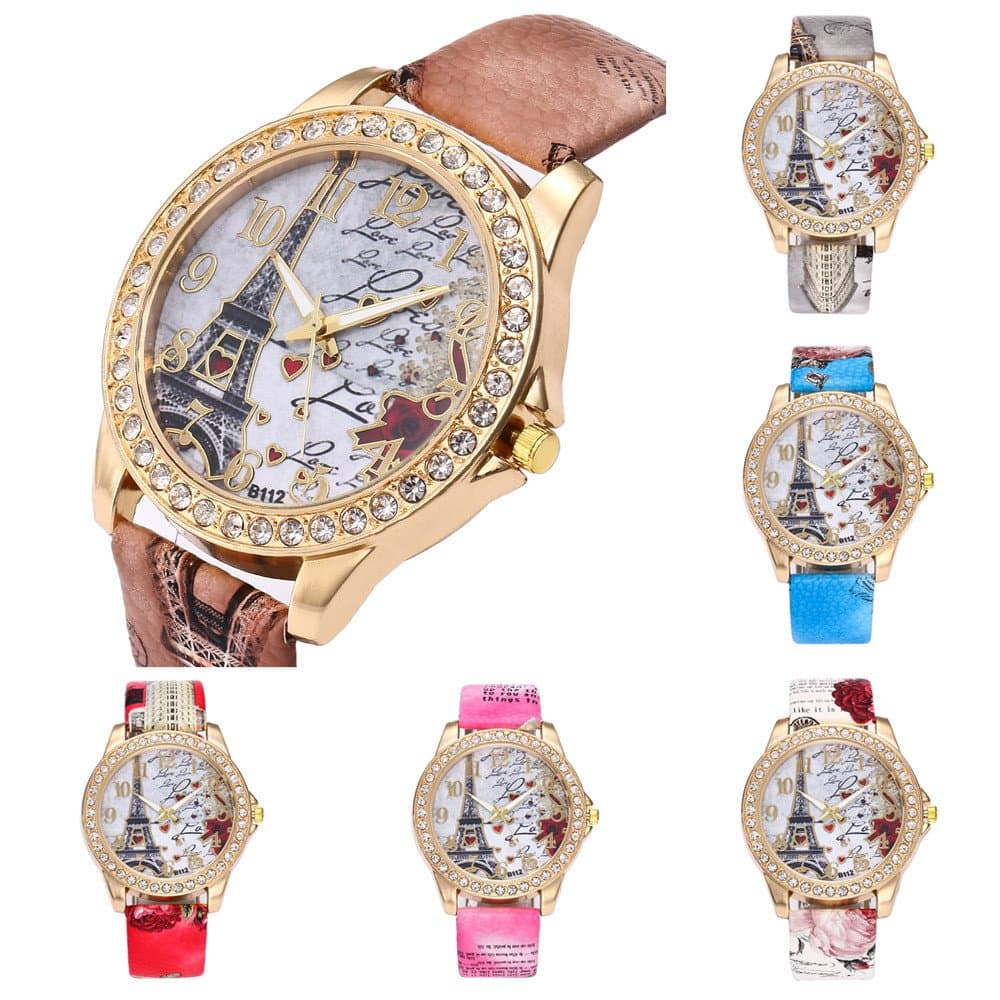Yamaler Women Eiffel Tower Rhinestone Leather Strap Round Dial Analog Quartz Watch