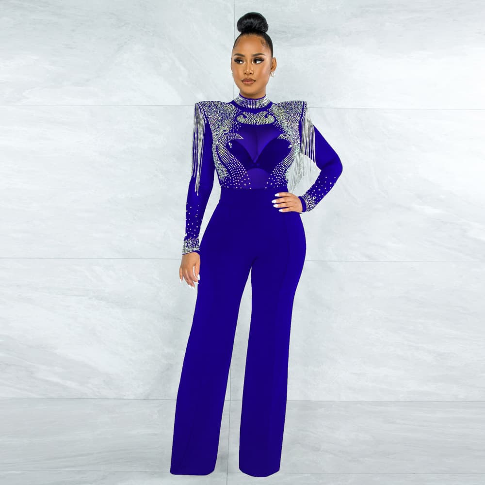 Women's Clothing Fashion Sexy Casual Slim High Collar See Through Rhinestone Tassel Jumpsuit For Women
