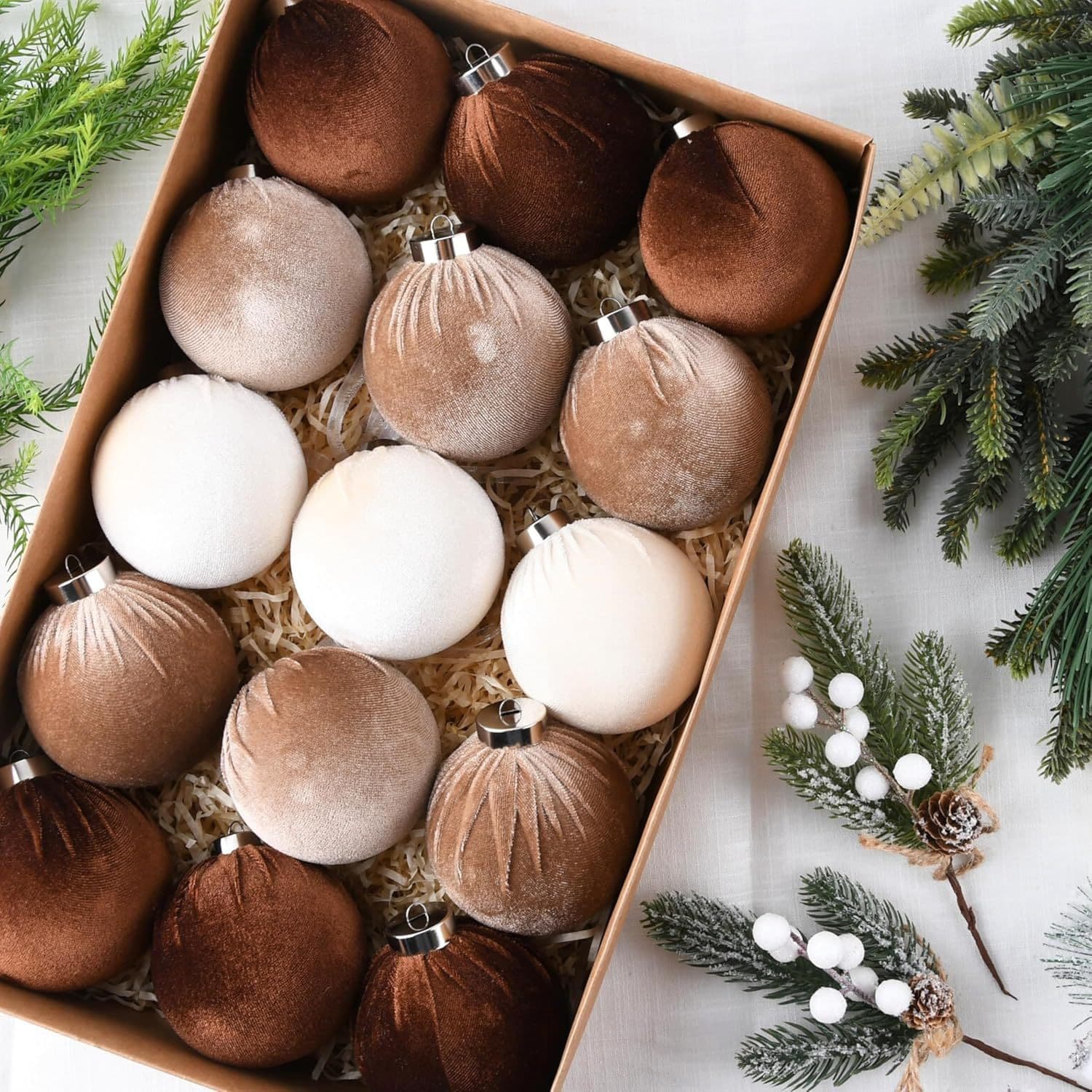 8cm/6cm Fabric-Covered Christmas Ornaments – Set Of 15 Premium Handmade Decorative Balls For Tree & Home (Green/Gray/Brown, European Style)​