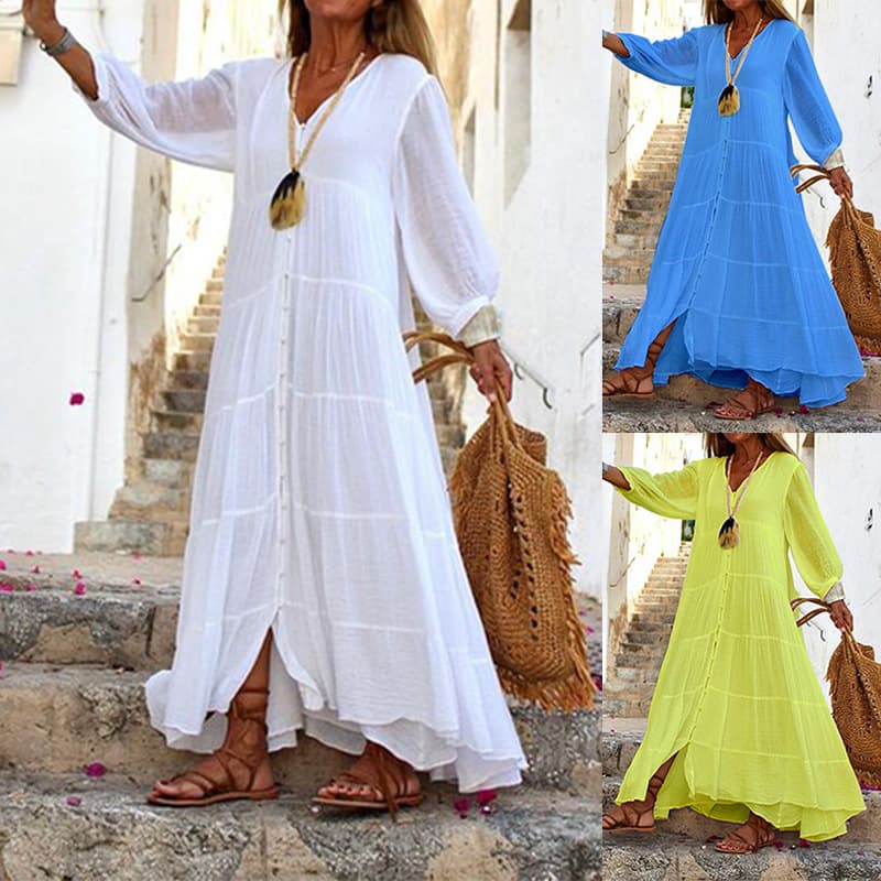 Women's Clothing Solid V-Neck Long Sleeve Bohemian Cotton Hemp Dress