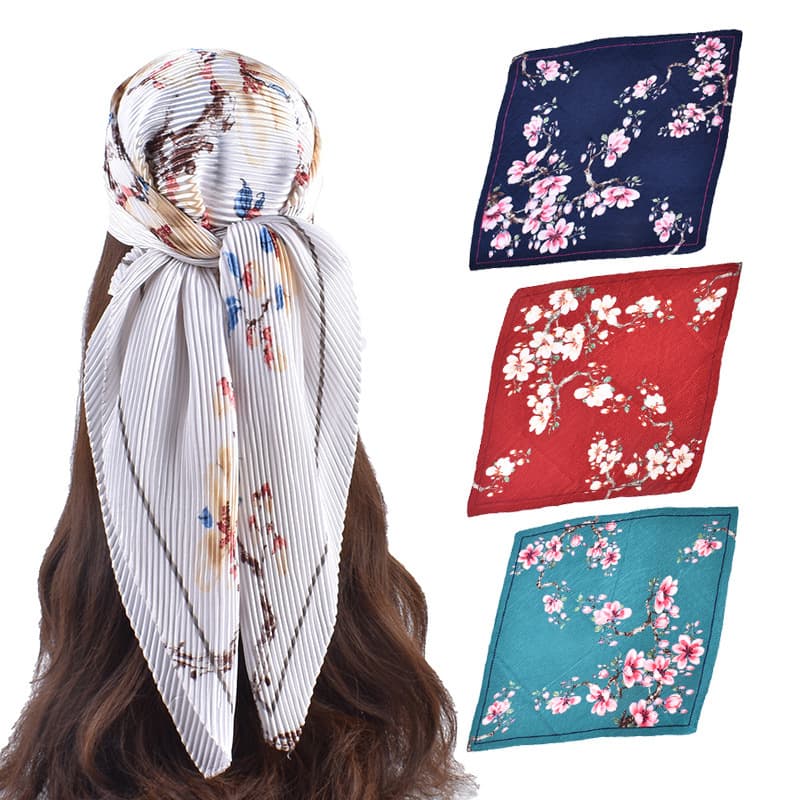 Women's Wrinkled 90 Large Square Head Summer New Elegant Peach Blossom Pattern Printed Silk Scarf