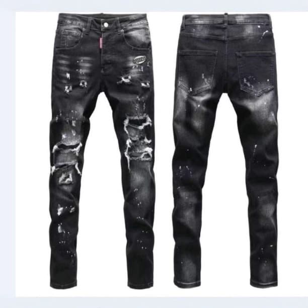 Men's Slim Fit Stretch Jeans Trendy Black/Grey Streetwear Denim Pants With Splatter Paint & Ripped Details Mid Waist Long Cotton