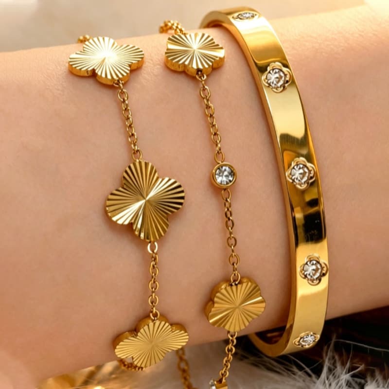 Bracelet empilable, étanche et inaltérable en acier inoxydable orné de diamants et d'un trèfle à quatre feuilles, lot de trois, léger et luxueu