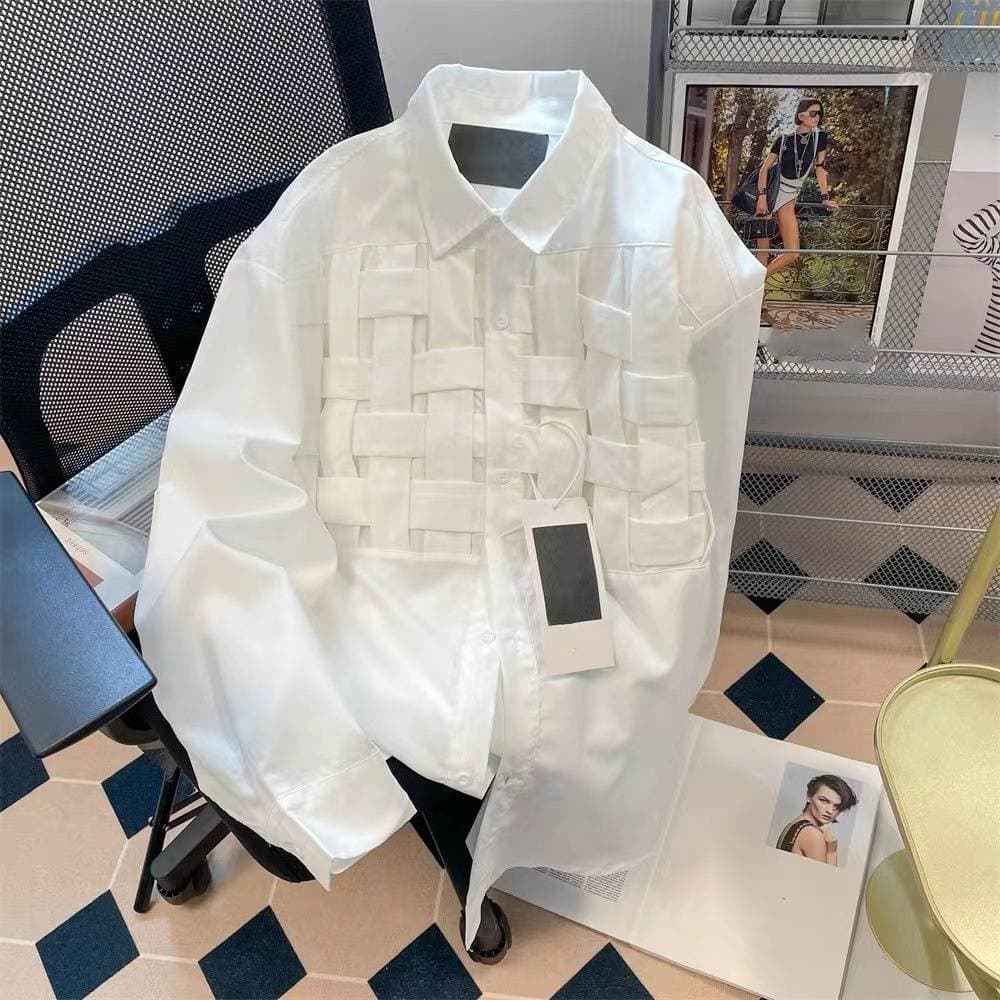 Women's Clothing High End Niche Design White Woven Shirt Female Spring And Autumn New Straight Shoulder Top