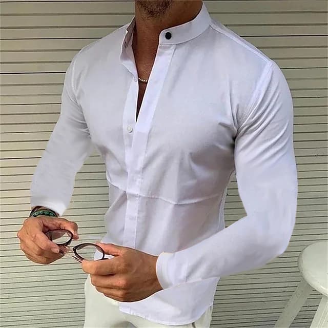 2024 New Men's Shirt Men's Long Sleeve Solid Color Standing Collar Slim Shirt T-shirt Spring And Summer Breathable Fashion Trend Uhero