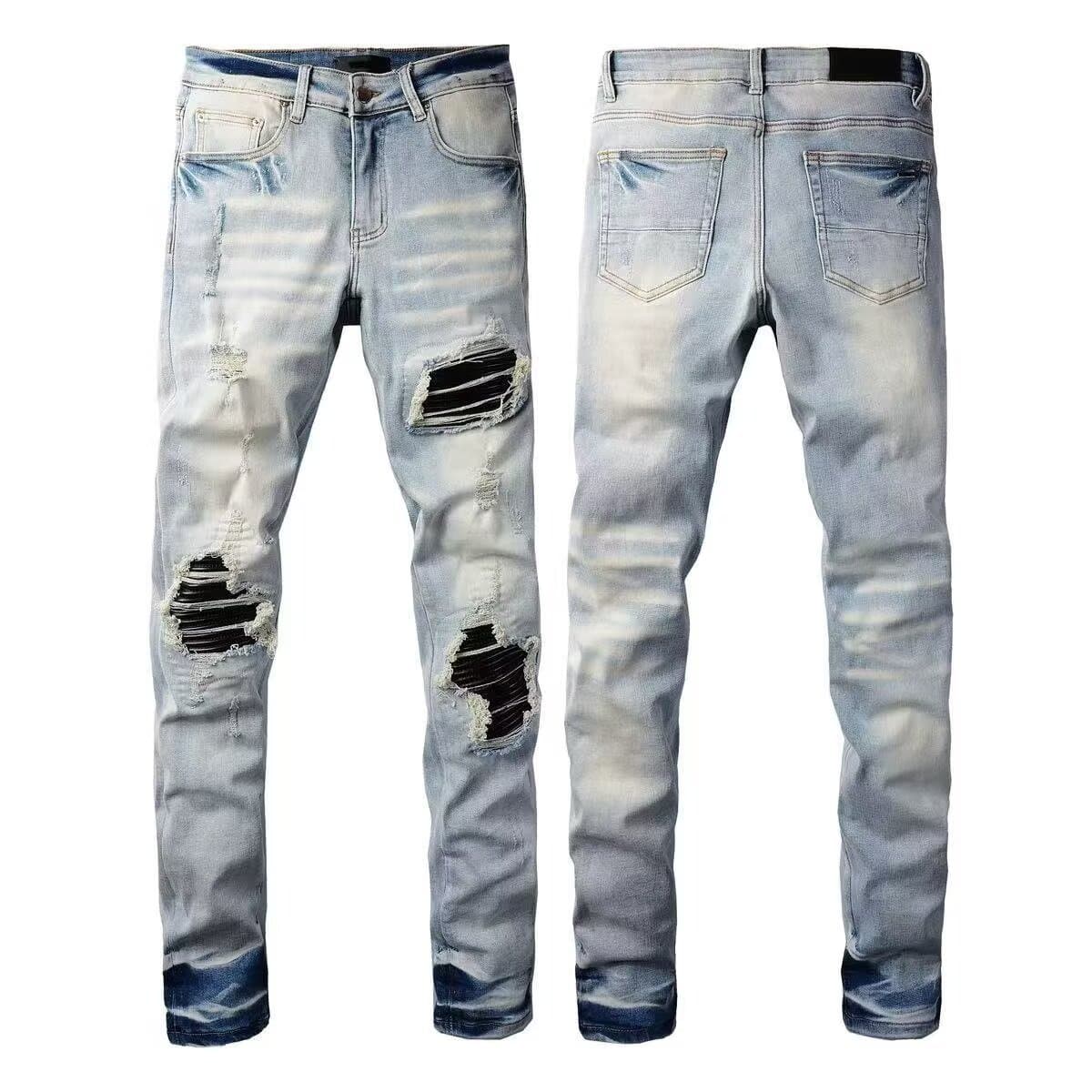 Men's Distressed Patchwork Jeans - High Street Style With Graffiti Lettering & Stretch Comfort​