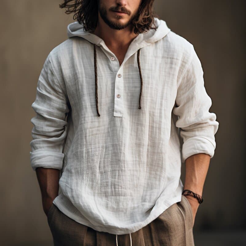 Man's clothing Cotton linen shirt hooded hoodie spring and autumn long sleeve hooded casual daily clothing
