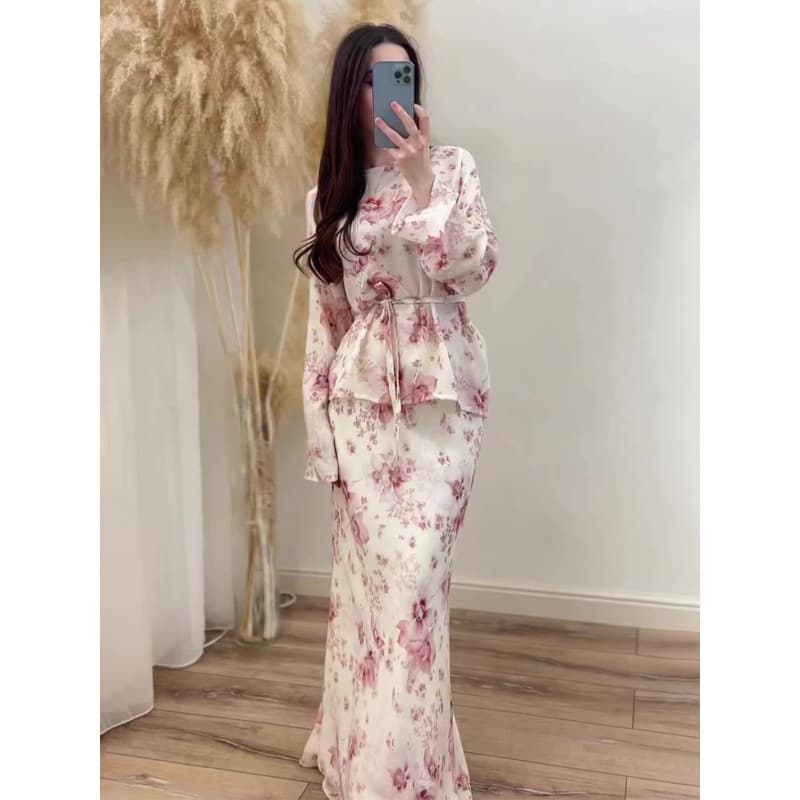 Summer Floral Two-Piece Dress Set – Long Sleeve Ruffled Blouse & A-Line Skirt, Vintage-Inspired With Tie Waist, Breathable Cotton-Polyester Blend