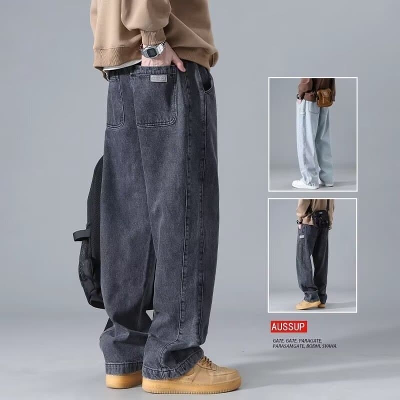 ​Vintage Washed Men's Jeans High Street Straight Leg Loose Fit Wide Trousers For Casual Wear​