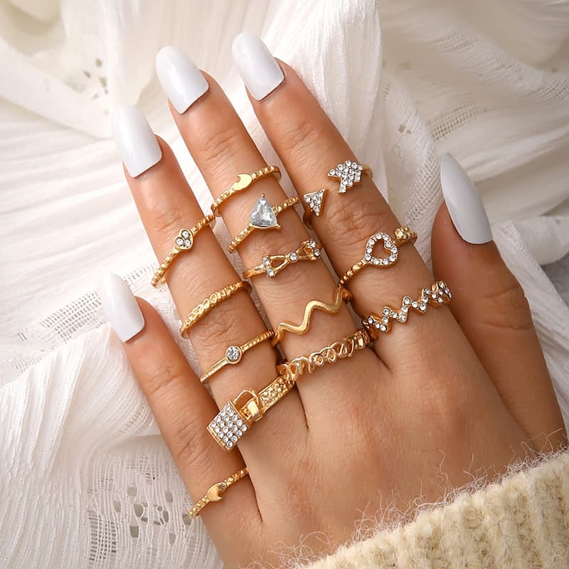 Hot selling rings, fashionable love lock, micro diamond inlaid joint ring, ripple arrow combination, 13 piece set for