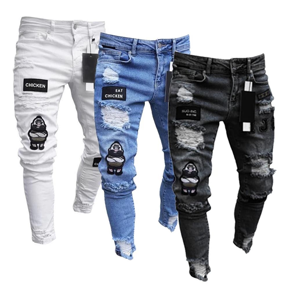 White Embroidery Skinny Ripped Jeans Men's Cotton Stretchable Hole Slim Fit Hip Hop Denim Pants Casual Jeans For Men Jogging Pants