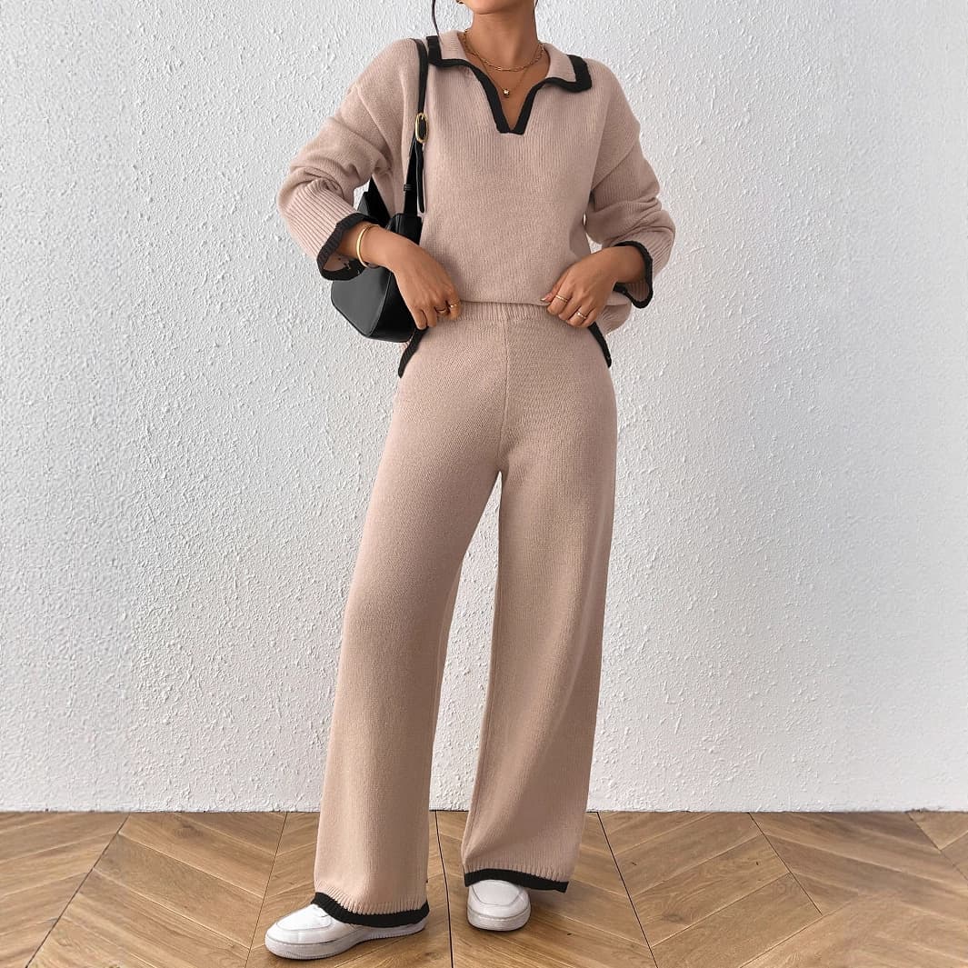 Stylish Women's Two-Piece Set - Color Block Polo Collar Sweater & Wide Leg Casual Pants