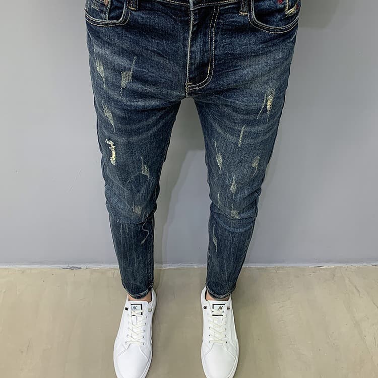 Men's Clothing Autumn new blue jeans casual versatile men's brand personality scratch version of slim fit foot stretch pants