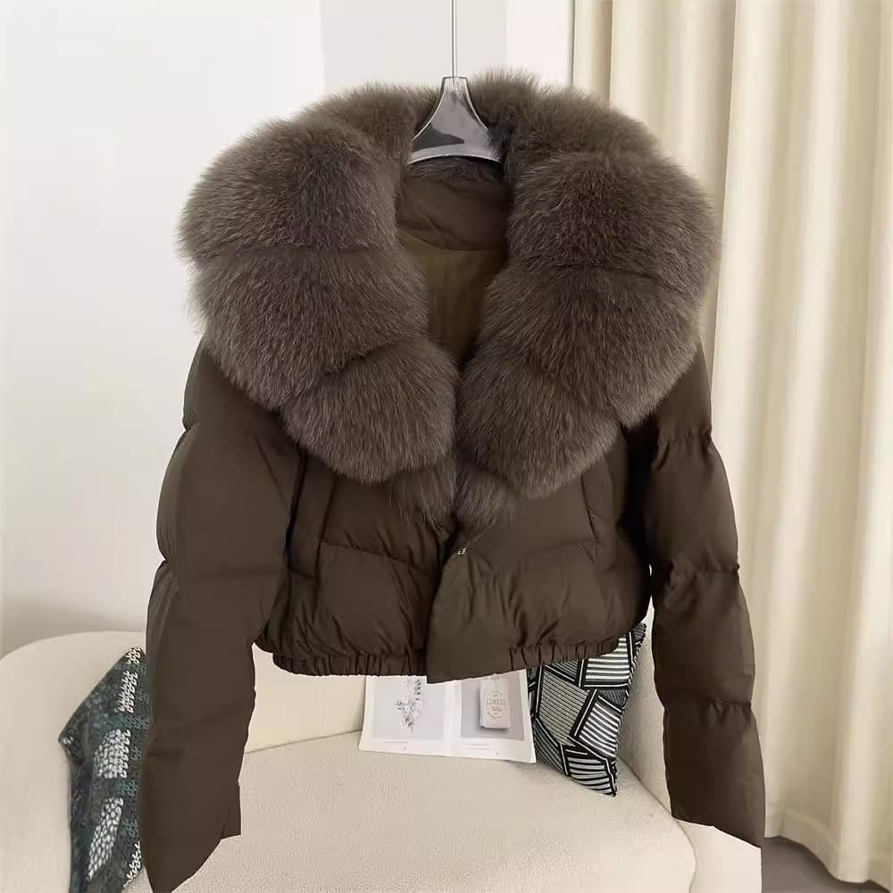 Women’s Fashionable Winter Jacket – Short Down Coat With Real Fox Fur Collar (S/M) – Stylish & Warm Oversized Puffer