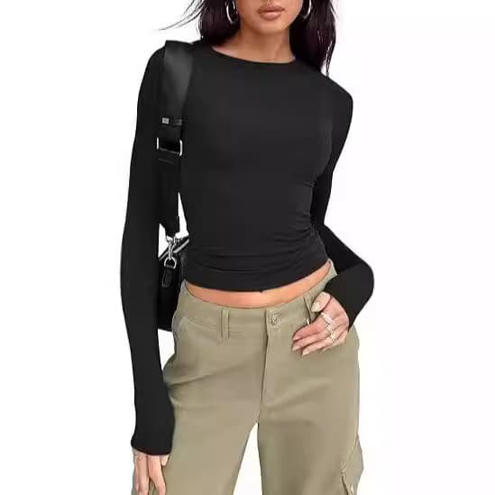Bottoming Shirts For Women, Short Sleeved Slim Fitting Long Sleeved Basic Round Neck Tops, Slim Fitting Milk Silk Women's Clothing