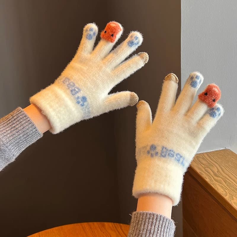 Cute Plush Gloves For Women Thickened Warm Touchscreen Knitted Wool Cycling Cold-Proof Fingered Student Winter