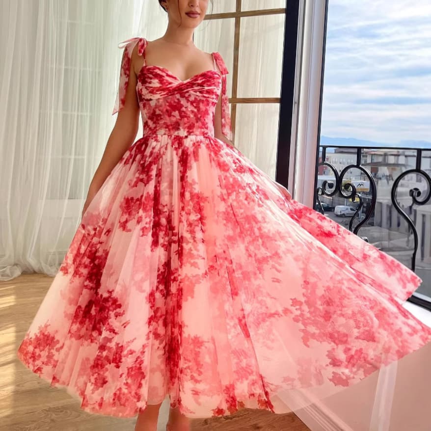 Women's Clothing Sexy Tied Rope Suspenders Waist Floral Dress
