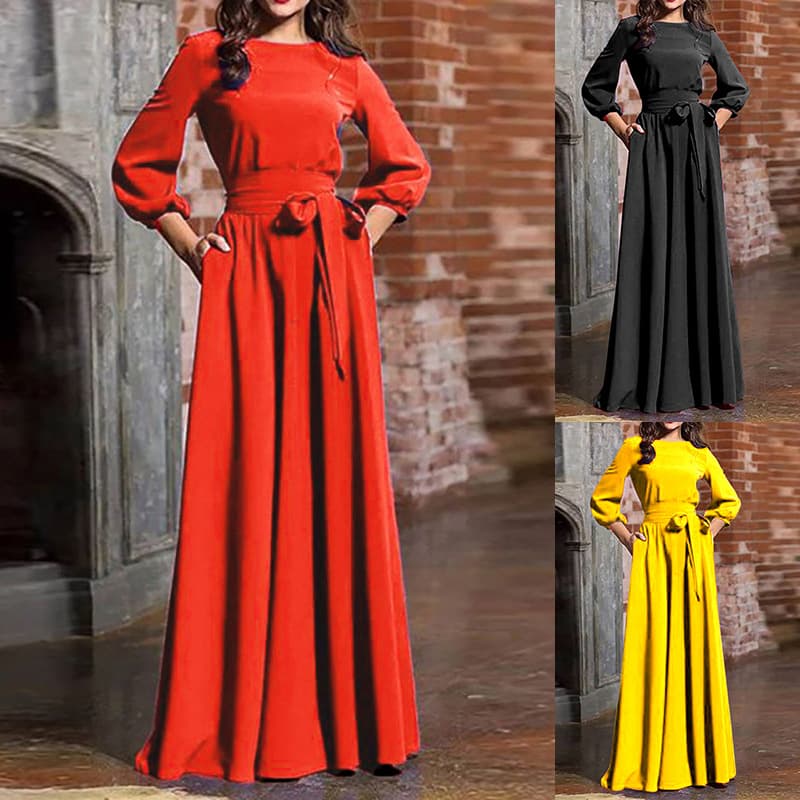 Women's Clothing Round Neck Casual Bohemian Long Solid Color Dress