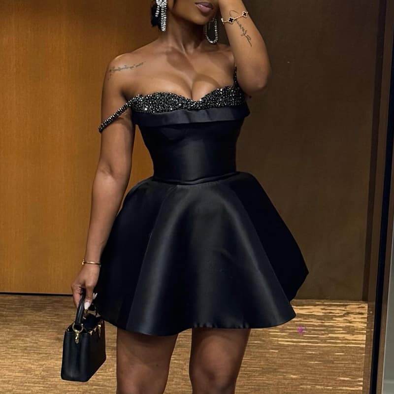 Women's Clothing Spring New Style Elegant Sequin Splicing Tube Top Suspender Dress Short Skirt