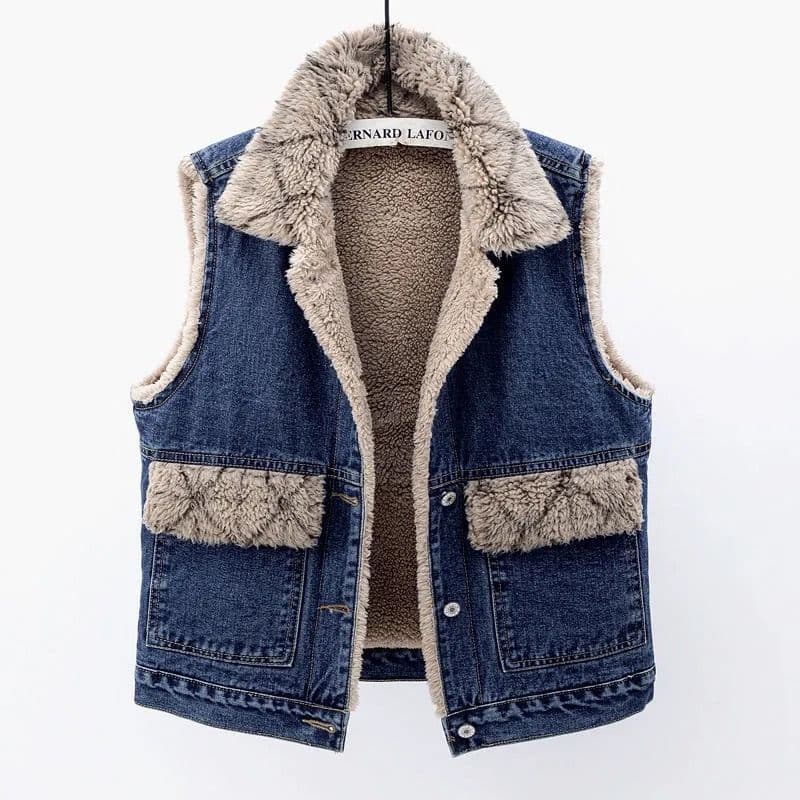 Women's Fleece Denim Vest Winter Warm Sleeveless Jacket Short Padded Coat With Lambswool Lining