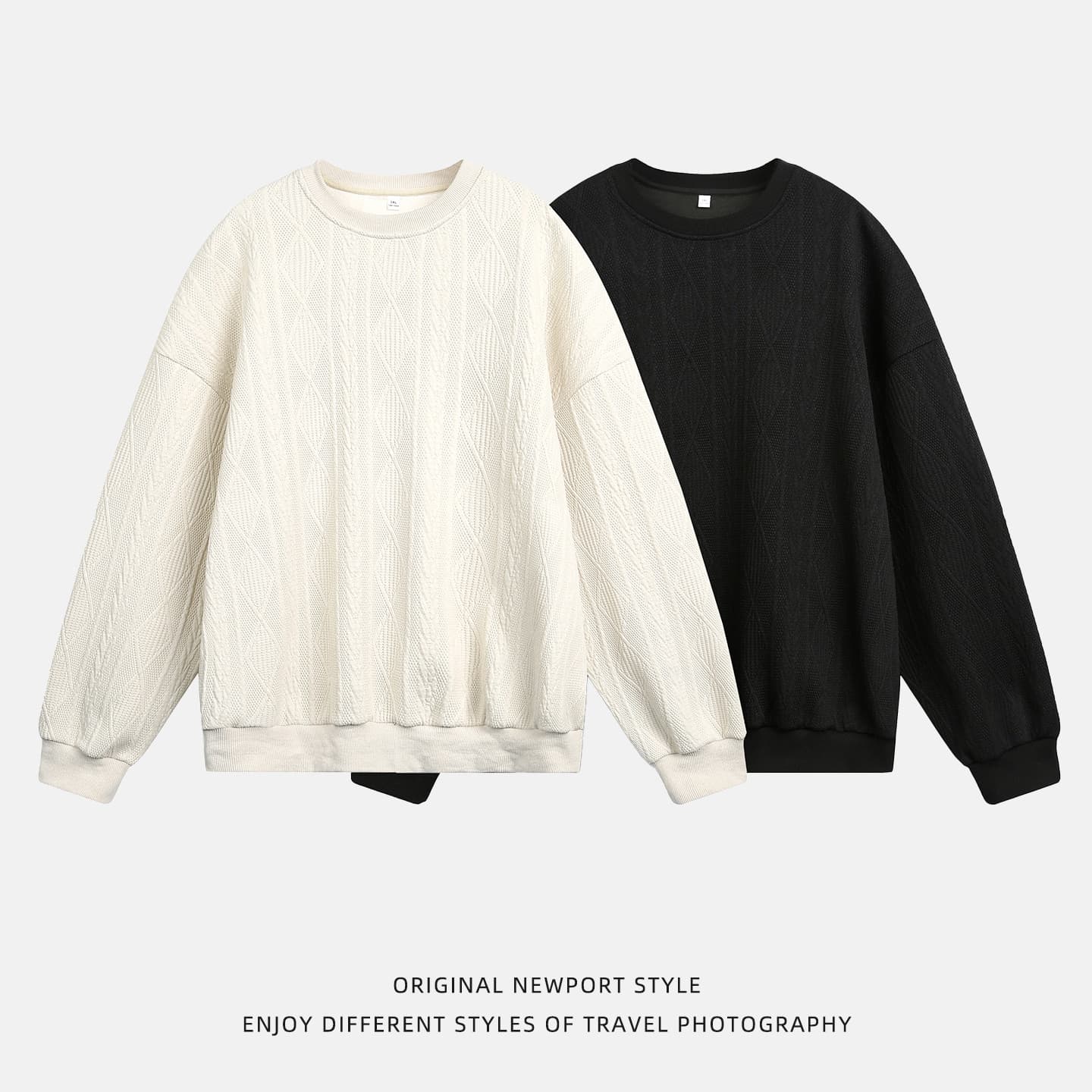 Men's Heavyweight Jacquard Texture Crewneck Sweatshirt - Vintage Loose Fit Casual Pullover For Autumn