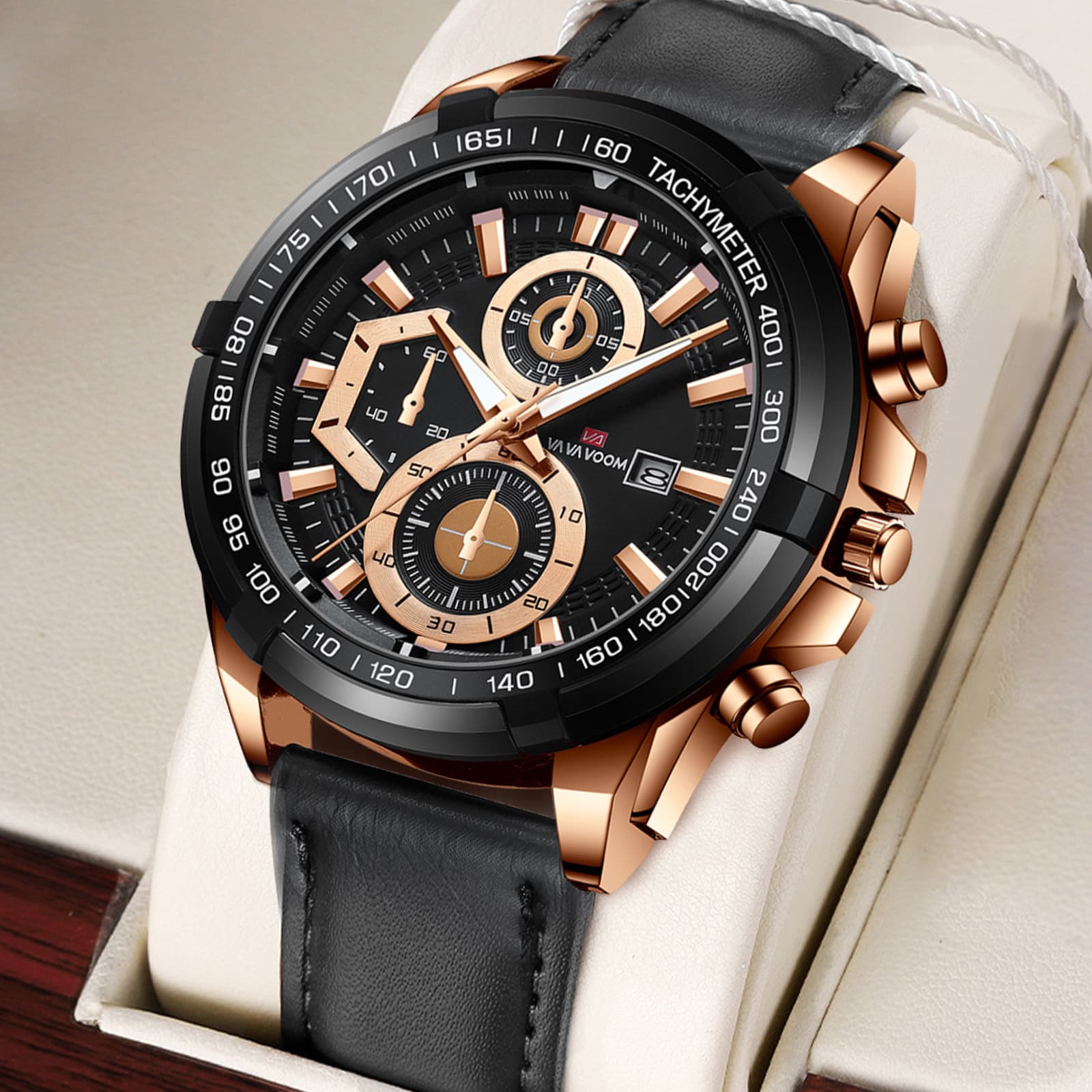 VAVAVOOM Men's Supercar Racing Watch Leather Strap Waterproof Sports Quartz Watch