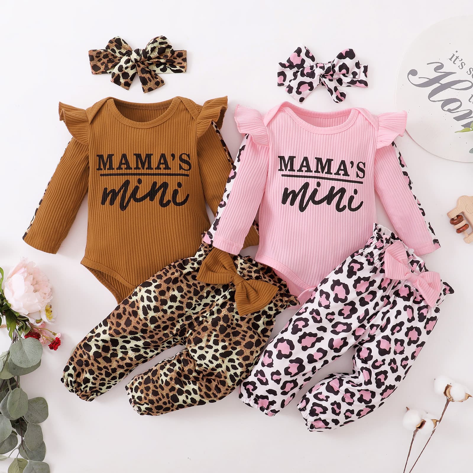 Kid's Clothing Baby Suits, Spring And Autumn Ribbed Long Sleeved Tight Romper With Leopard Print Pants