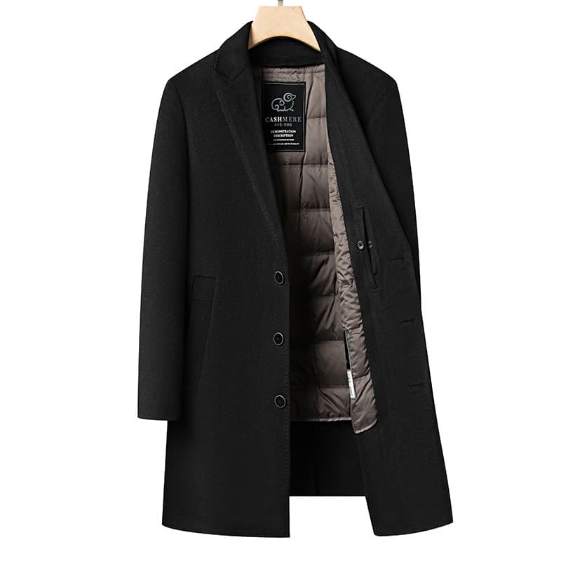 Manteau long en laine mélangée pour homme avec doublure amovible en duvet – Caban d'hiver, coupe décontractée, simple boutonnage, multi-poches