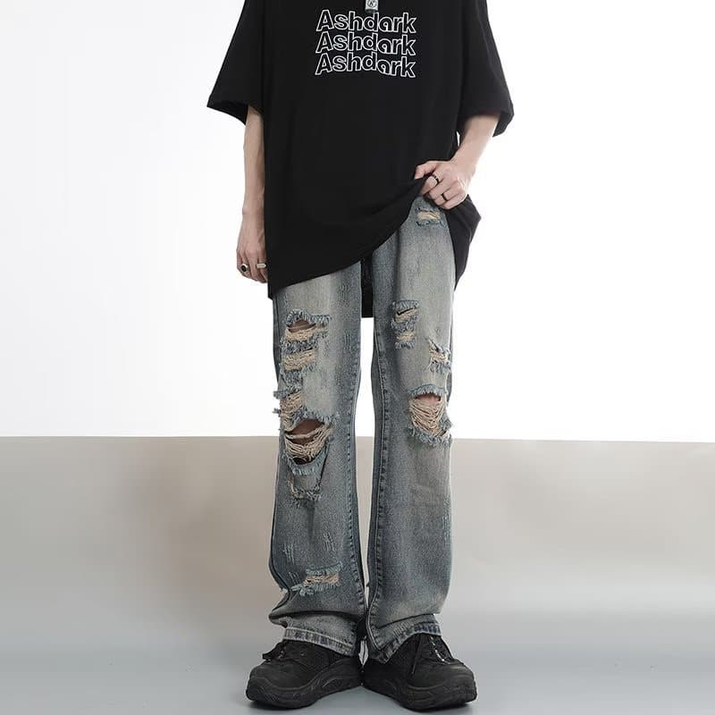Men's Clothing high street old washed hole jeans men's street hiphop style loose straight slim trousers