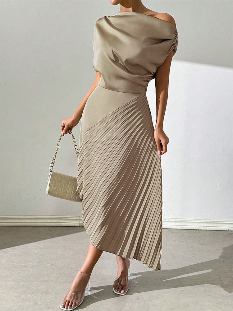 New Elegant Oblique Shoulder One Shoulder Neck Pleated Hip Wrapped Design Irregular Dress For Women